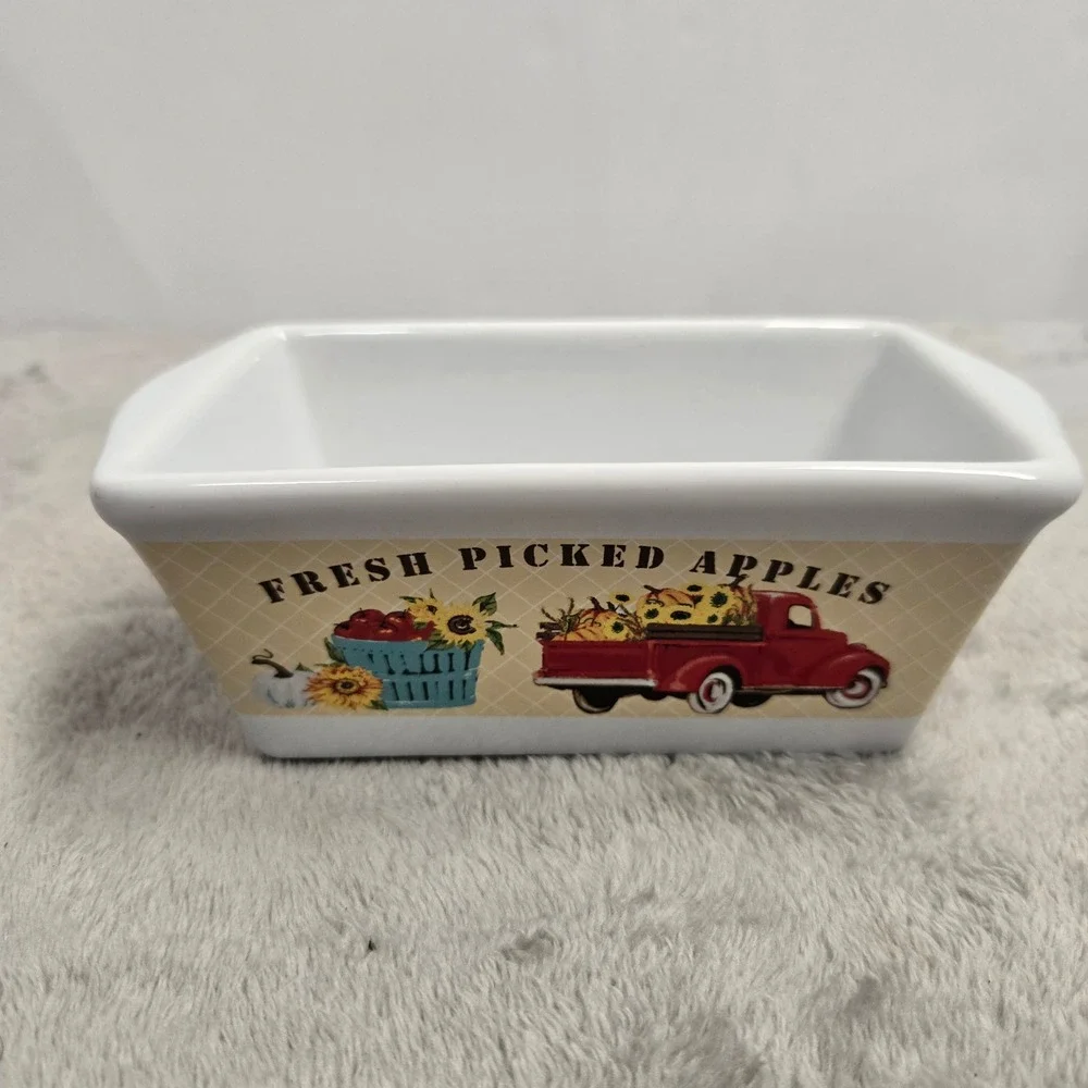 Royal Norfolk Harvest Mini Loaf Pan 5in Fresh Picked Apples Red Truck Ceramic
